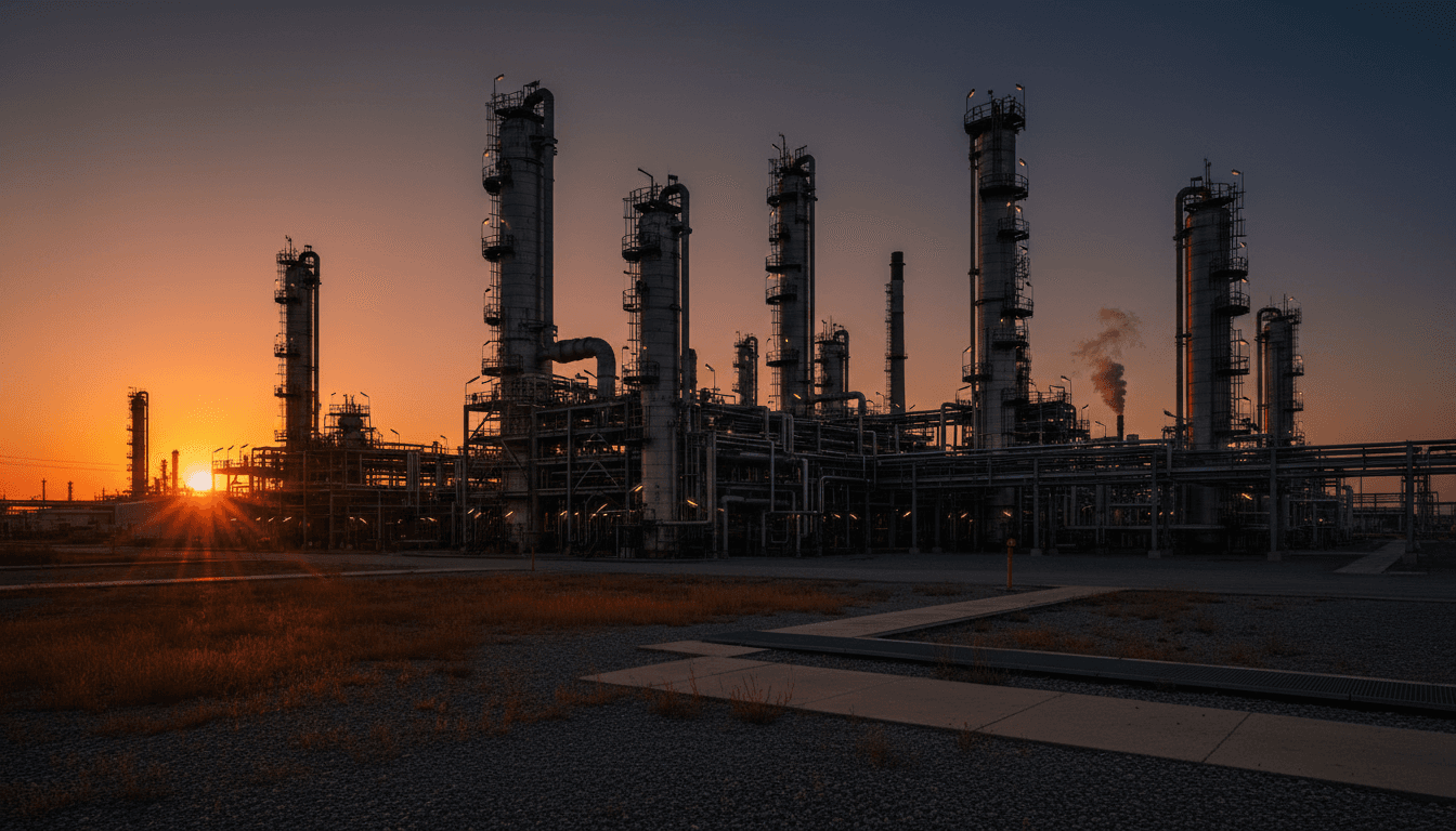Industrial view of an oil and gas facility at sunset in Odesa Oblast