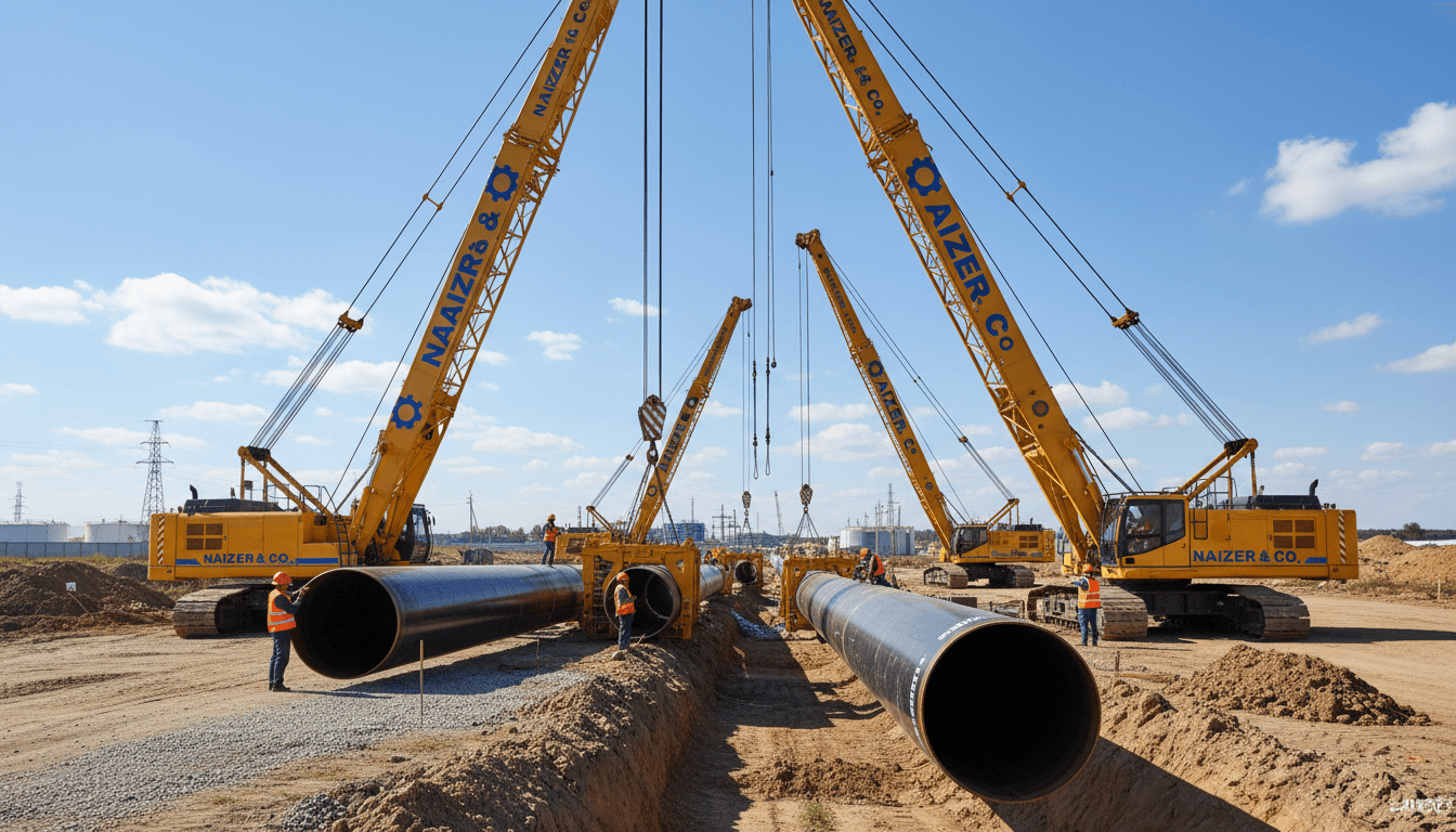 Construction site of oil pipeline installation with Naizer & Co. logo, workers and machinery