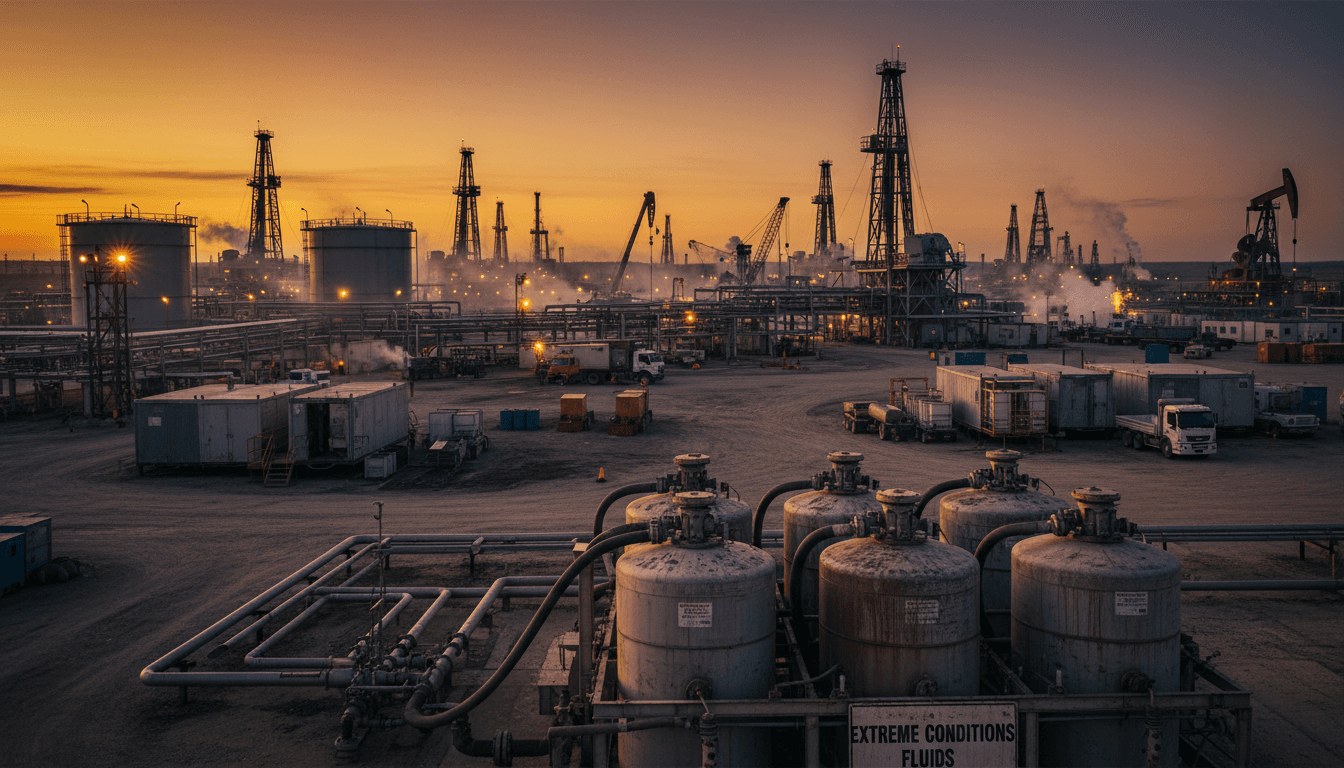 Oil drilling facility at dusk with multiple derricks silhouetted against twilight sky and industrial equipment in foreground