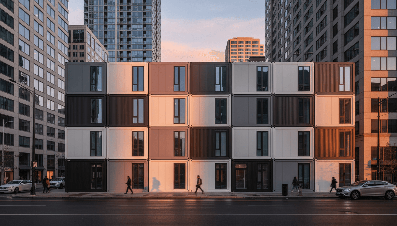 Street-level view of completed modular commercial building with container-based units in urban setting