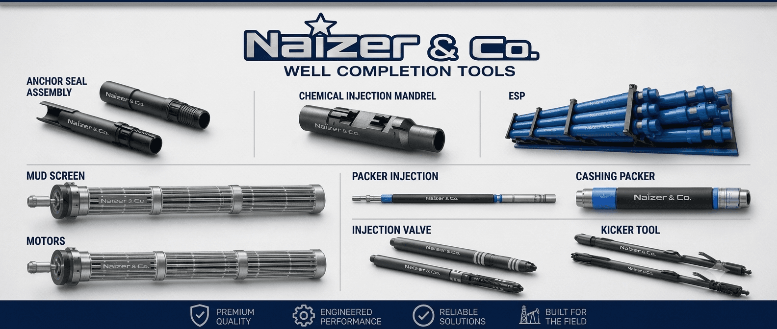 Naizer & Co. banner showcasing various industrial well completion tools including mud screens and packers.